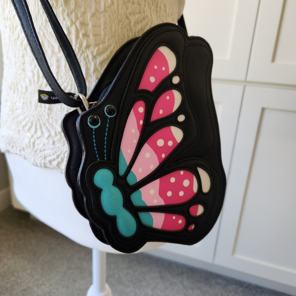 Butterfly Lily Bloom Flutter Butter Crossbody Bag Black Pink Blue Cute Fairy - Picture 5 of 16